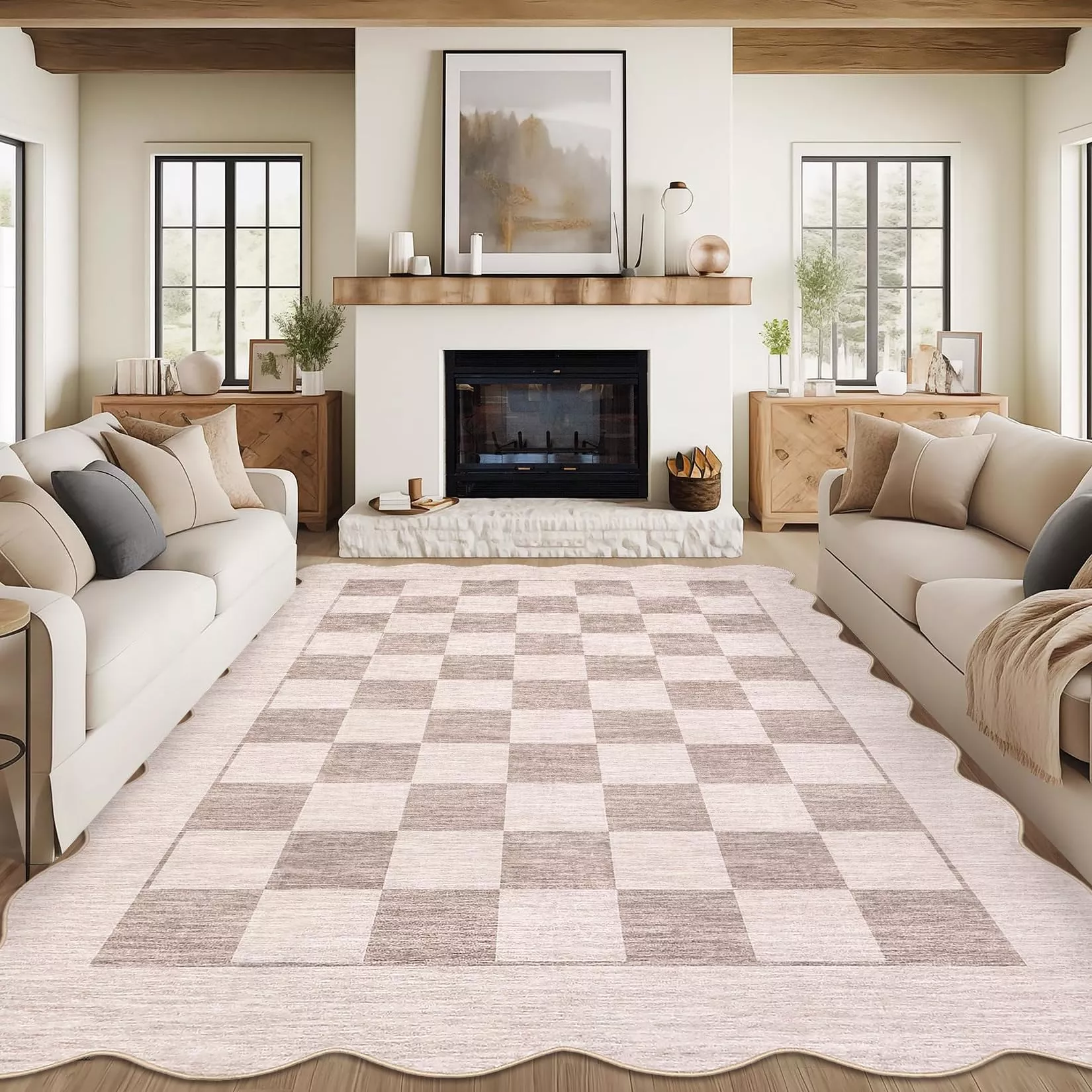Rugs for Living Room 9×12, Washable Modern Scalloped Rug, Non Slip, Stain Resistant, Beige